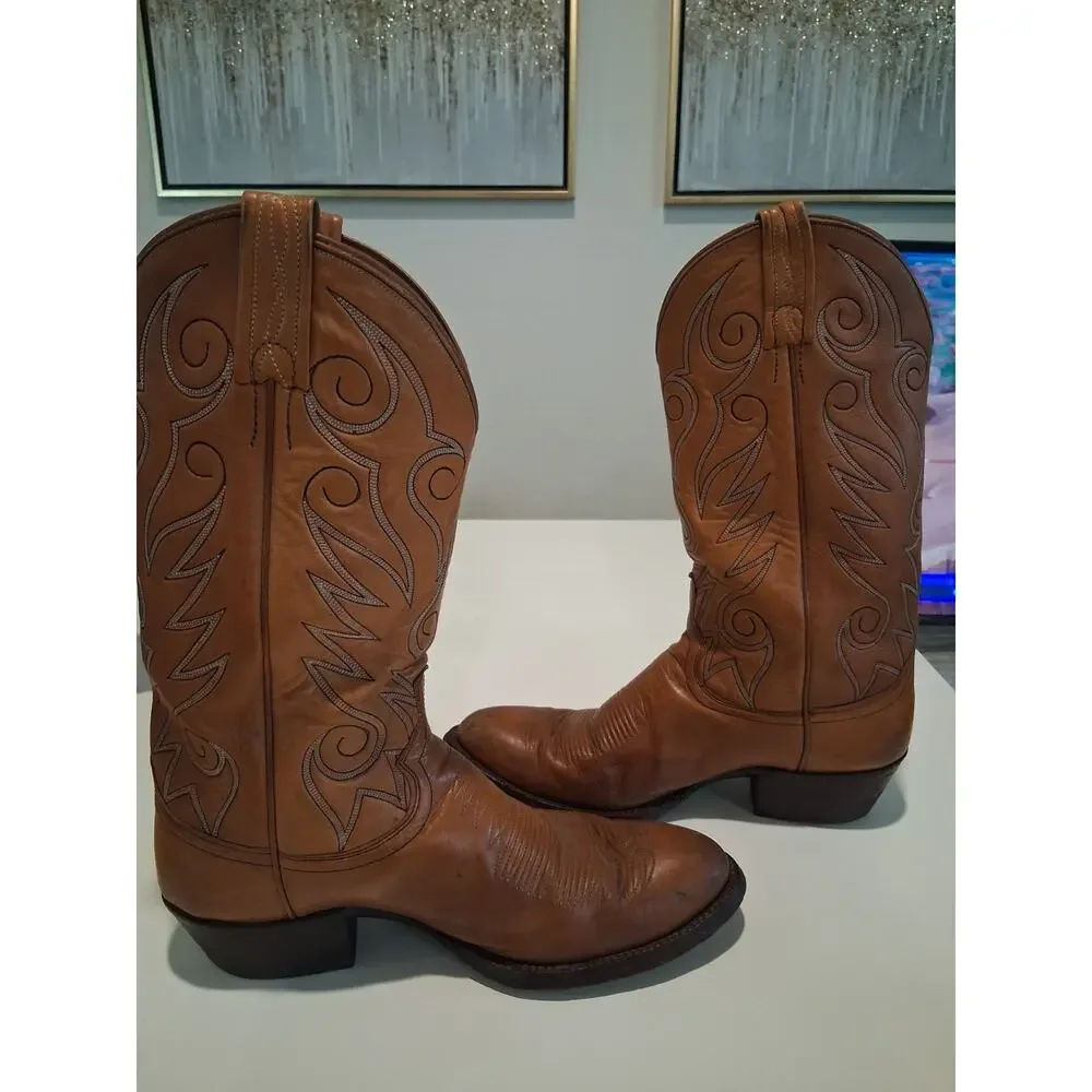 Vintage Dan Post 6865 Men's Brown Leather Cowboy Boots Size 8 D Western Stitch